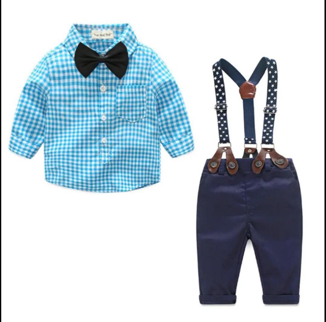 spring cotton gentleman baby boys clothes sets plaid long sleeve top bowtie shirt checked romper suspenders pants outfit Y10695