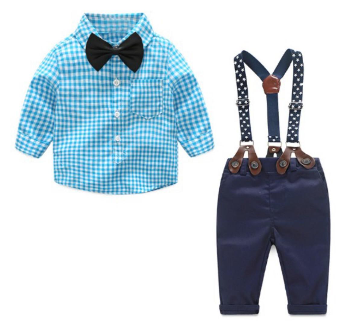 spring cotton gentleman baby boys clothes sets plaid long sleeve top bowtie shirt checked romper suspenders pants outfit Y10695