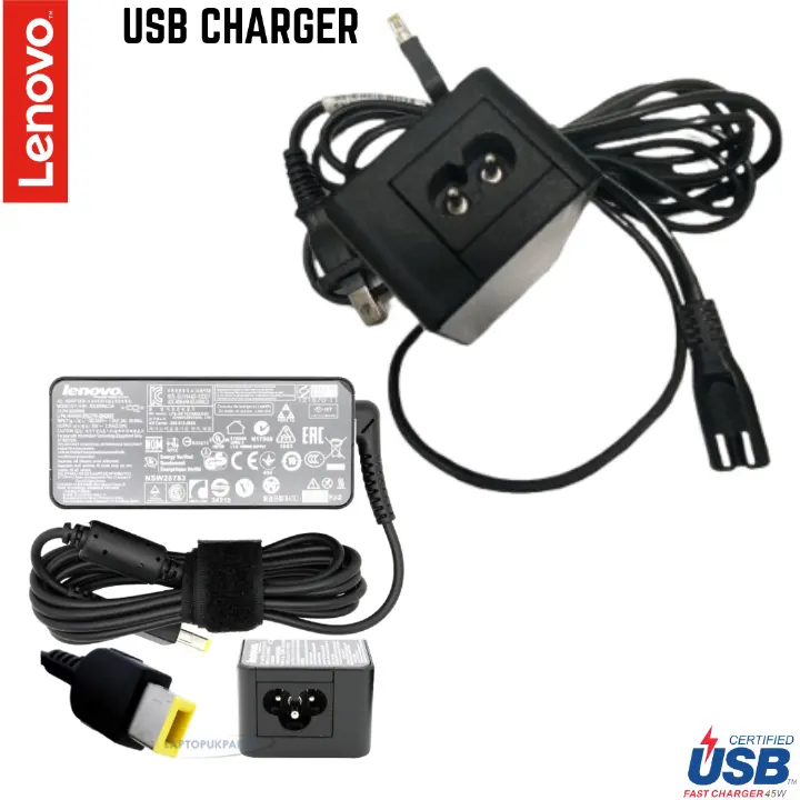 Original Lenovo Laptop Charger 45W - USB Pin Laptop Charger AC/DC Laptop Adapter – Model ADLX45NDC2A (20V 2.25A, USB Pin)