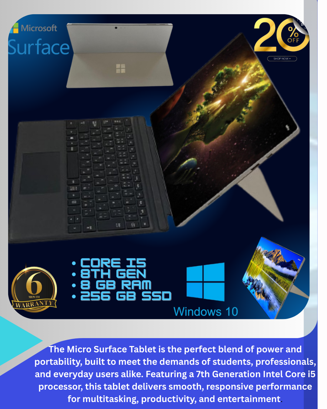 Micro Surface Tablet - Intel Core i5 7th Gen, 8GB RAM, 256GB SSD - Powerful and Portable Tablet