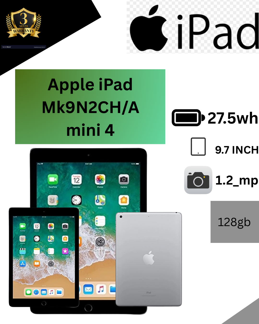 Apple IPAD Mini 4 MK9N4CH/A- 9.7 Inch Retina Display , 128GB Storage, WIFI Only-Slim, lightweight & powerful IOS Tablet for work, study and entertainment | Refurbished Tablet