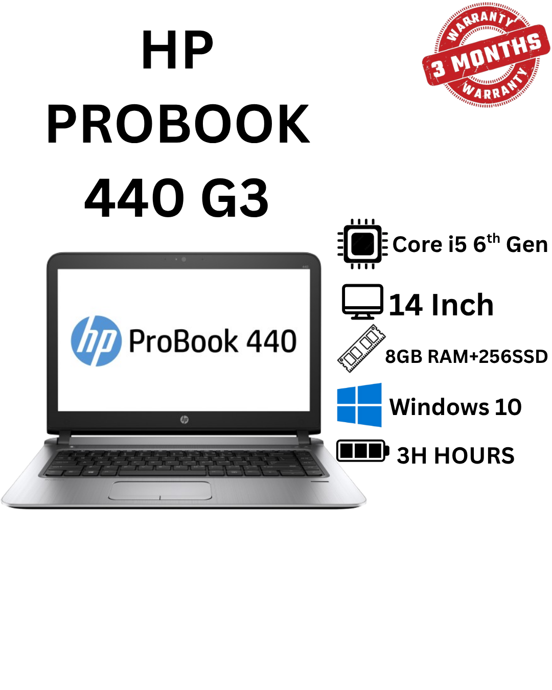 HP ProBook 440 G3 Laptop | Intel Core i5 6th Generation | 8GB DDR4 RAM | 256GB SSD Storage | 14 Inch HD Display | Windows 10 Professional | Lightweight Business Notebook
