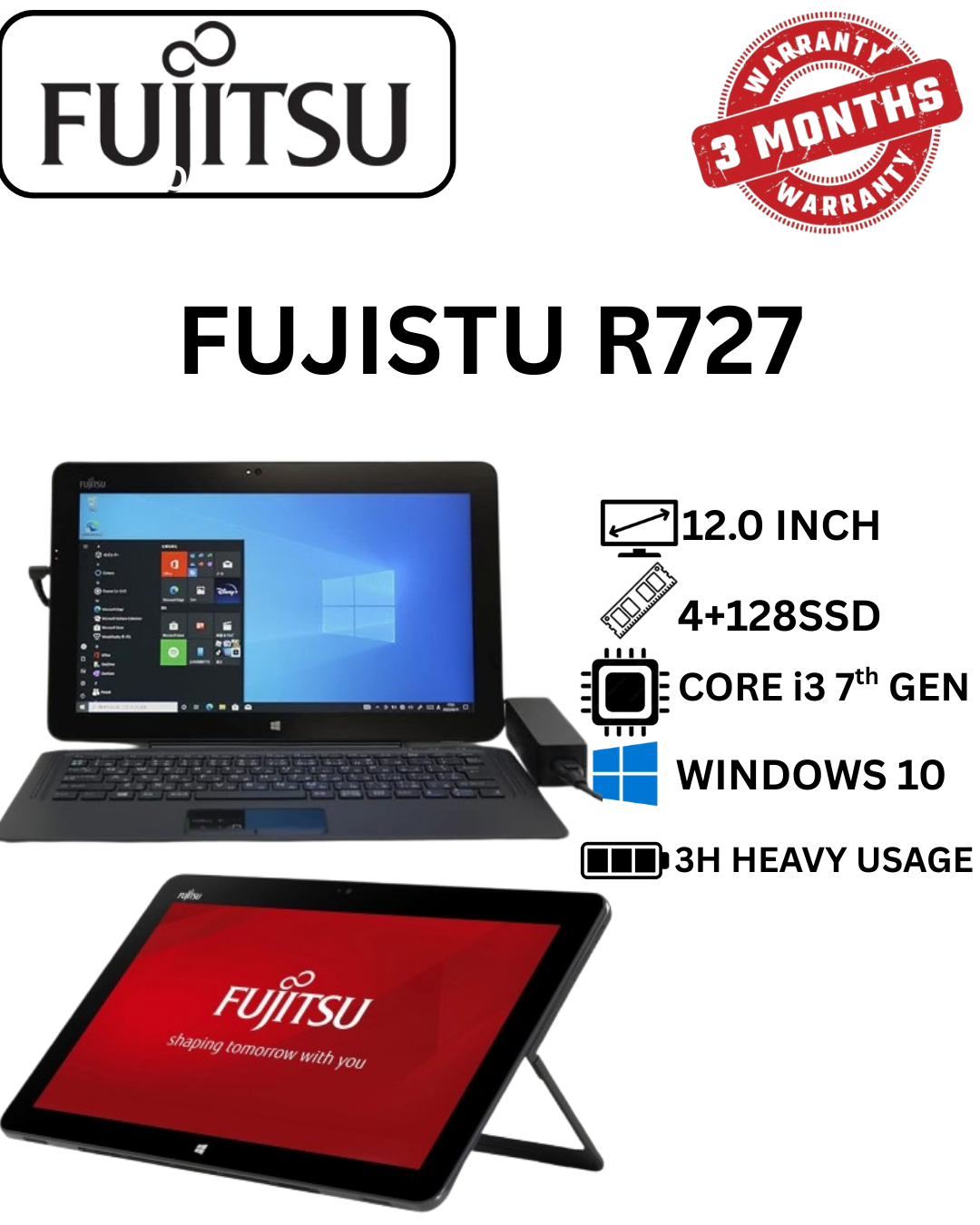 Fujitsu Arrows Tab R727/P Touchscreen – Intel Core i3 7th Generation 2.40GHz Processor, 4GB DDR4 RAM, 128GB SSD Storage, 12.5-Inch Full HD Display, Detachable Keyboard, Windows 10 Pro.
