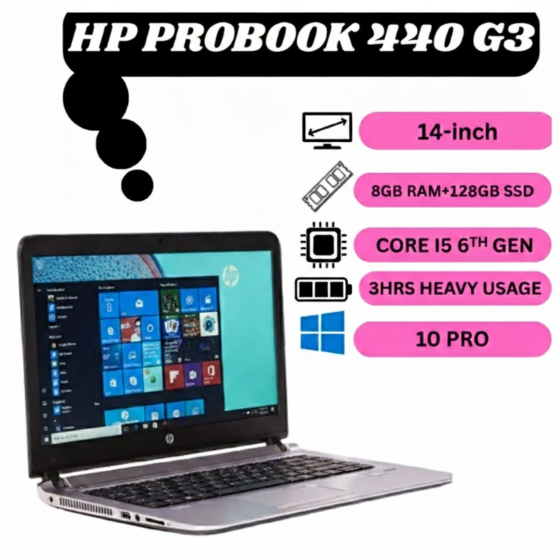 HP ProBook 440 G3 Laptop | Intel Core i5 6th Generation | 4GB DDR4 RAM | 128GB SSD Storage | 14 Inch HD Display | Refurbished Laptop | Windows 10 Professional | Lightweight Business Notebook