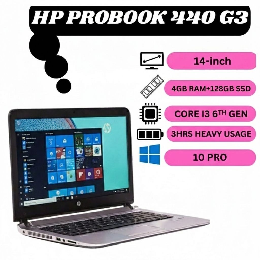 HP ProBook 440 G3 Laptop | Intel Core i3 6th Generation | 4GB DDR4 RAM | 128GB SSD Storage | 14 Inch HD Display | Refurbished Laptop | Windows 10 Professional | Lightweight Business Notebook