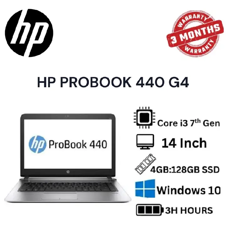 HP ProBook 440 G4 Laptop | Intel Core i3 7th Generation | 4GB DDR4 RAM | 128GB SSD Storage | 14 Inch HD Display | Refurbished Laptop | Windows 10 Professional | Lightweight Business Notebook