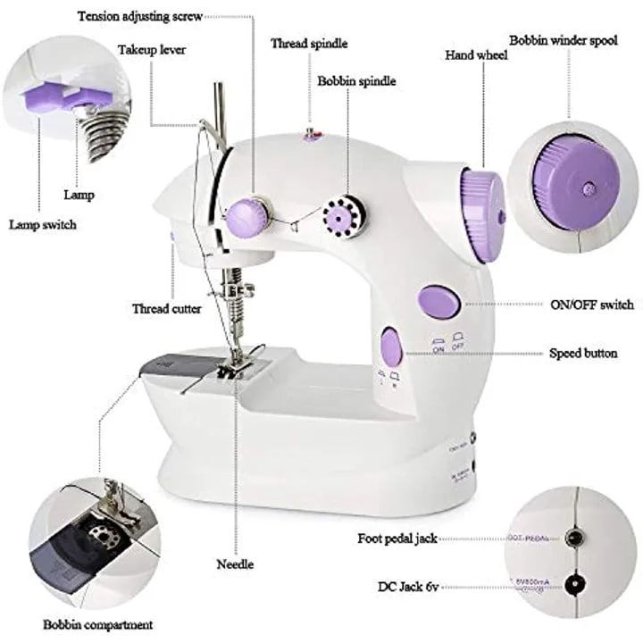 Sewing Machine Mini Portable Household Domestic Night Light Foot Pedal Straight Line Hand Table Two Thread Kit Electric Manual