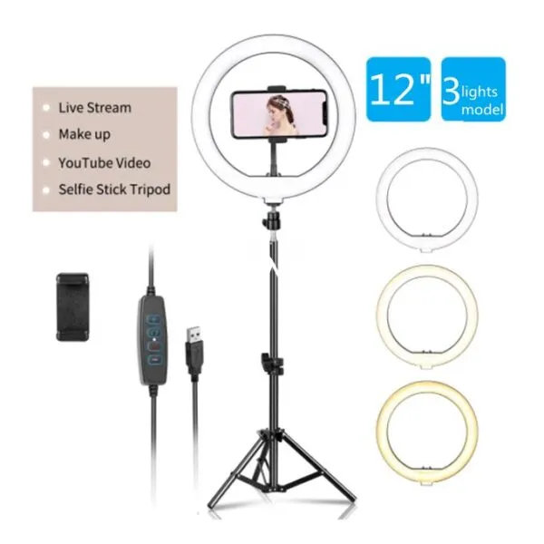 12 Inch Professional Big LED Ring Light Dimmable Lighting with 3 Color Modes for Photo Shoot Video Shoot Live Stream Makeup with 2.1M Tripod Stand Compatible with iPhone Android Phones and Cameras