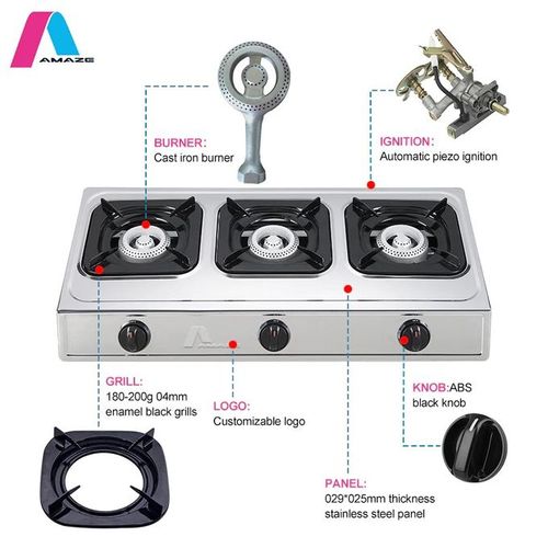 Amaze Stainless Steel 3 Burner Table Top Gas Stove-free Hose Pipe