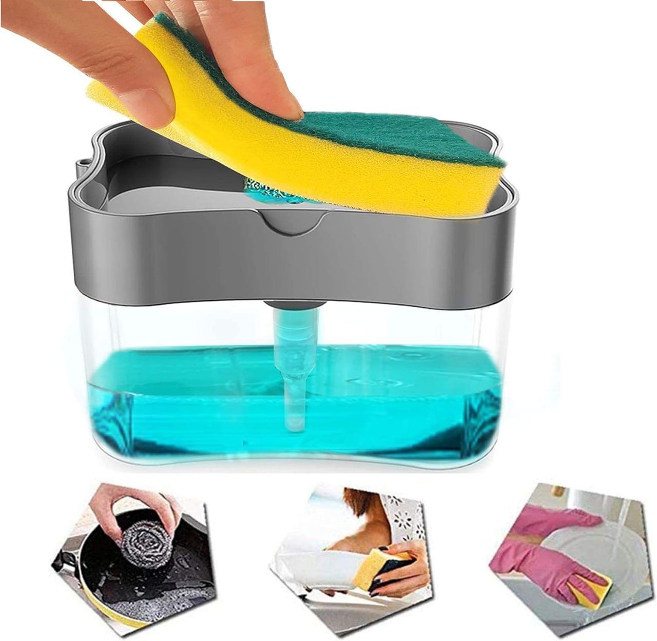 Kitchen Soap Dispenser with Sponge Holder-Soap Pump Dispenser,2 in1 Dish Soap Dispenser and Kitchen Sink Caddy Sponge Holder-13 Ounces Dish Washing Counter Top Soap Dispenser