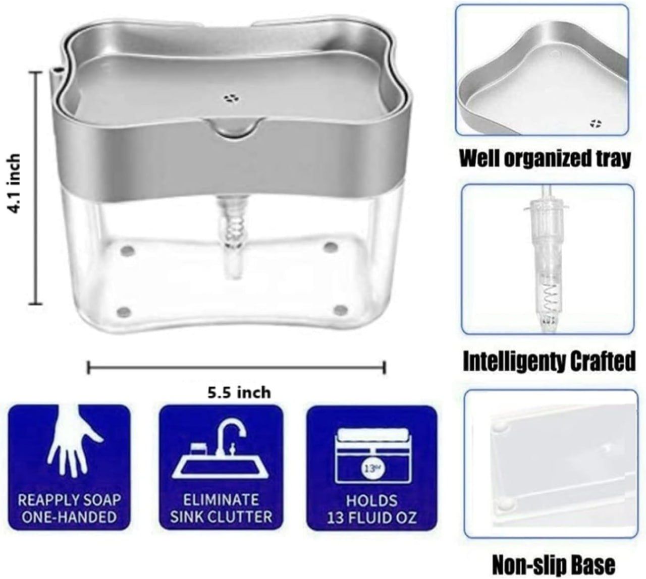 Kitchen Soap Dispenser with Sponge Holder-Soap Pump Dispenser,2 in1 Dish Soap Dispenser and Kitchen Sink Caddy Sponge Holder-13 Ounces Dish Washing Counter Top Soap Dispenser