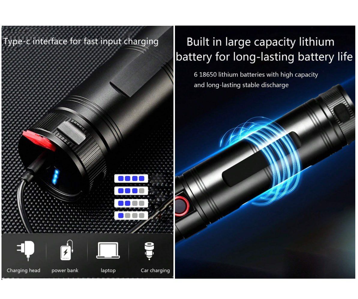 Super Bright Zoomable Long Range Rechargeable Led White Laser Multifunctional Flashlight For Outdoor & Home Use, With Power Indicator Light And Phone Charging Function