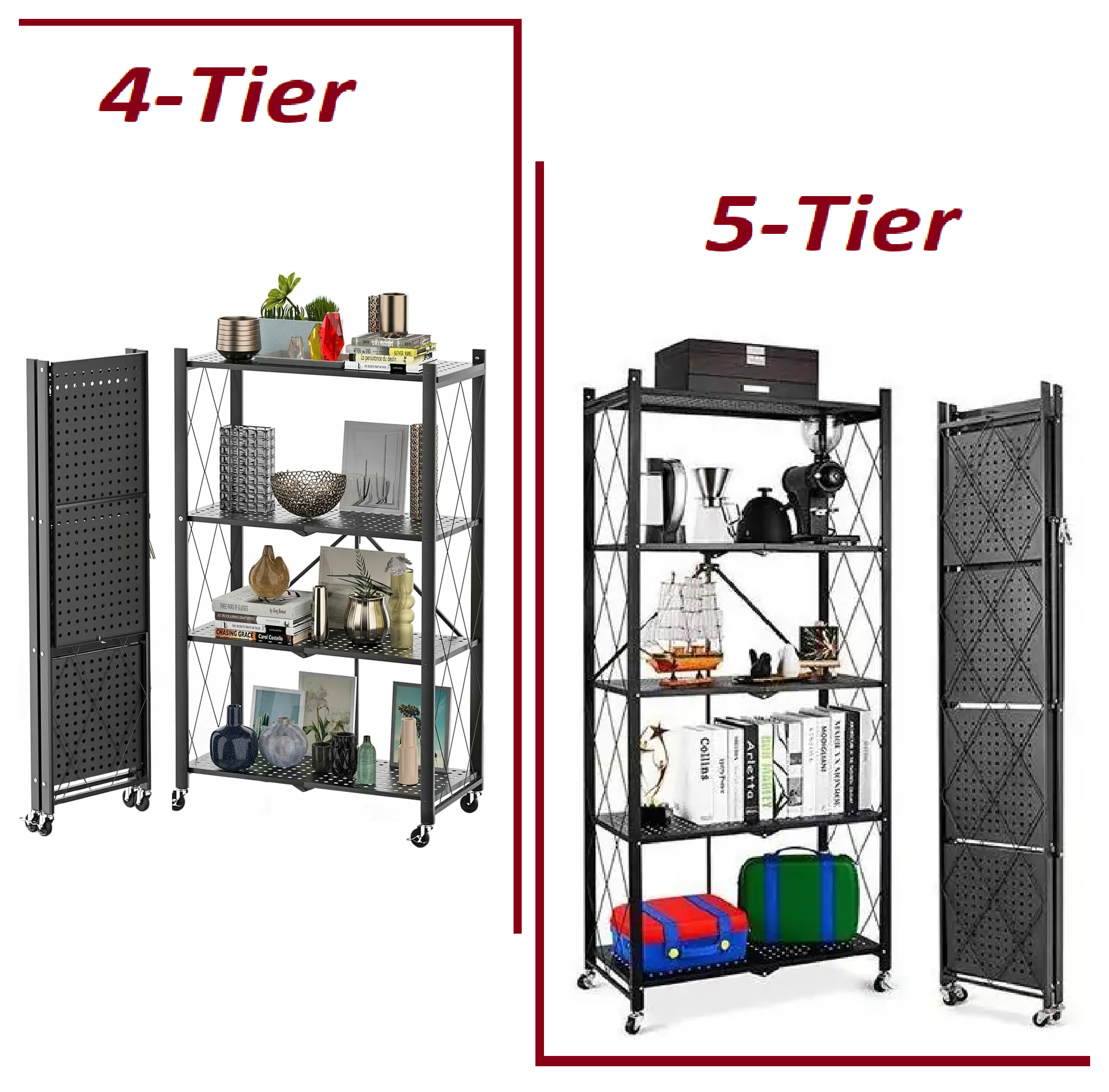 Metallic Storage Shelving Unit Shelf, Foldable Storage Shelf with Wheels, Garage Shelf, Metal Storage Rack, Kitchen Shelf with 4 Hooks, No Assemble Require
