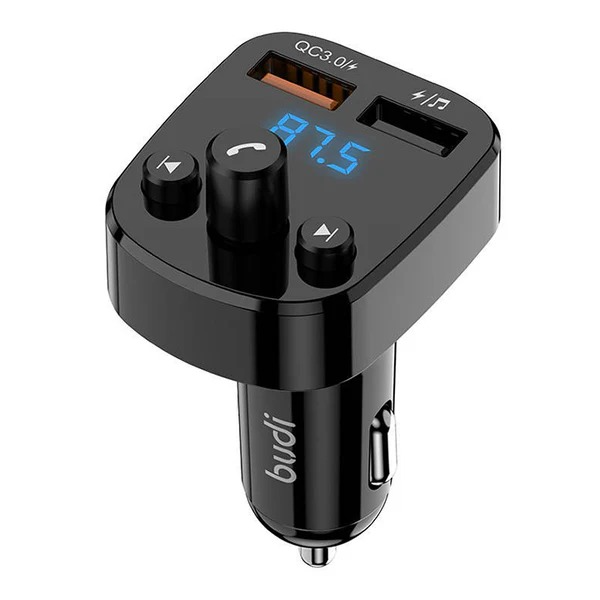 Budi 18W FM Transmitter & Car Charger, USB Fast Charging Wireless Car Charger with QC 3.0/USB-A Charging Ports, FM Bluetooth Car Transmitter with MP3 USB Drive Port & Built-In Mic