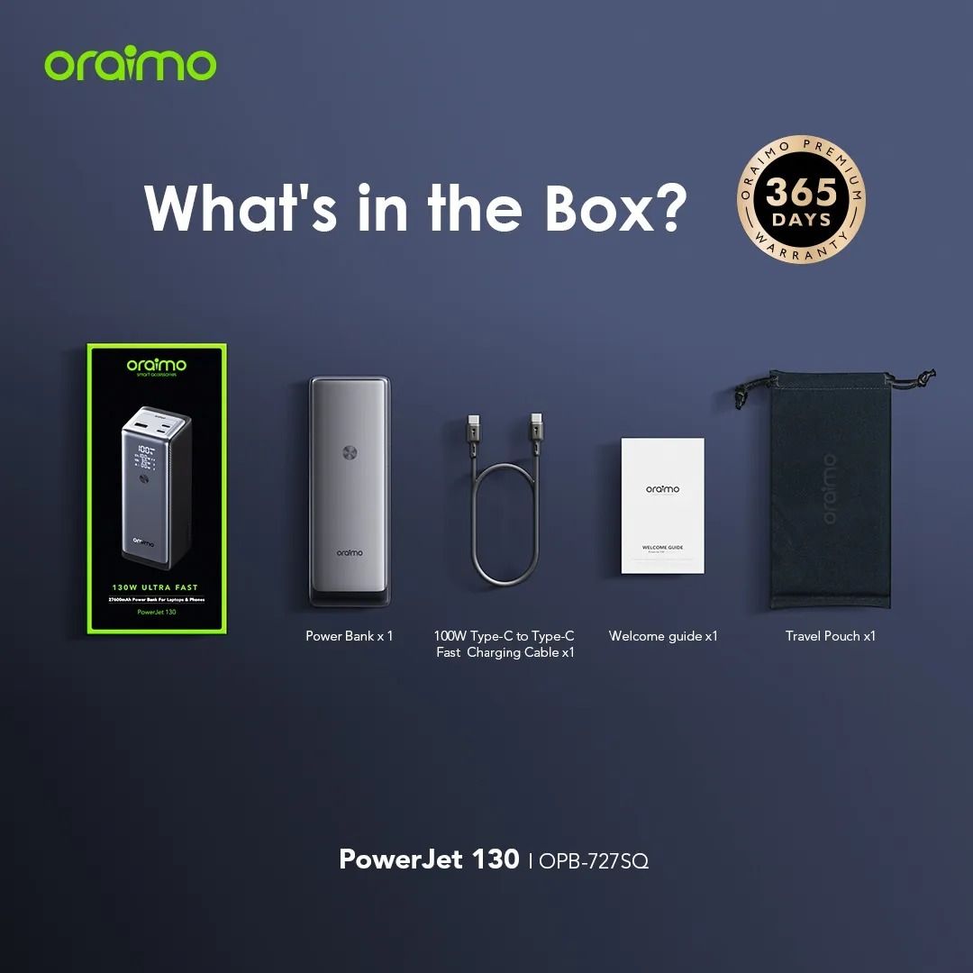 Oraimo Super Fast PowerJet OPB-727SQ 130W 27,600mAh power bank for laptops and phones