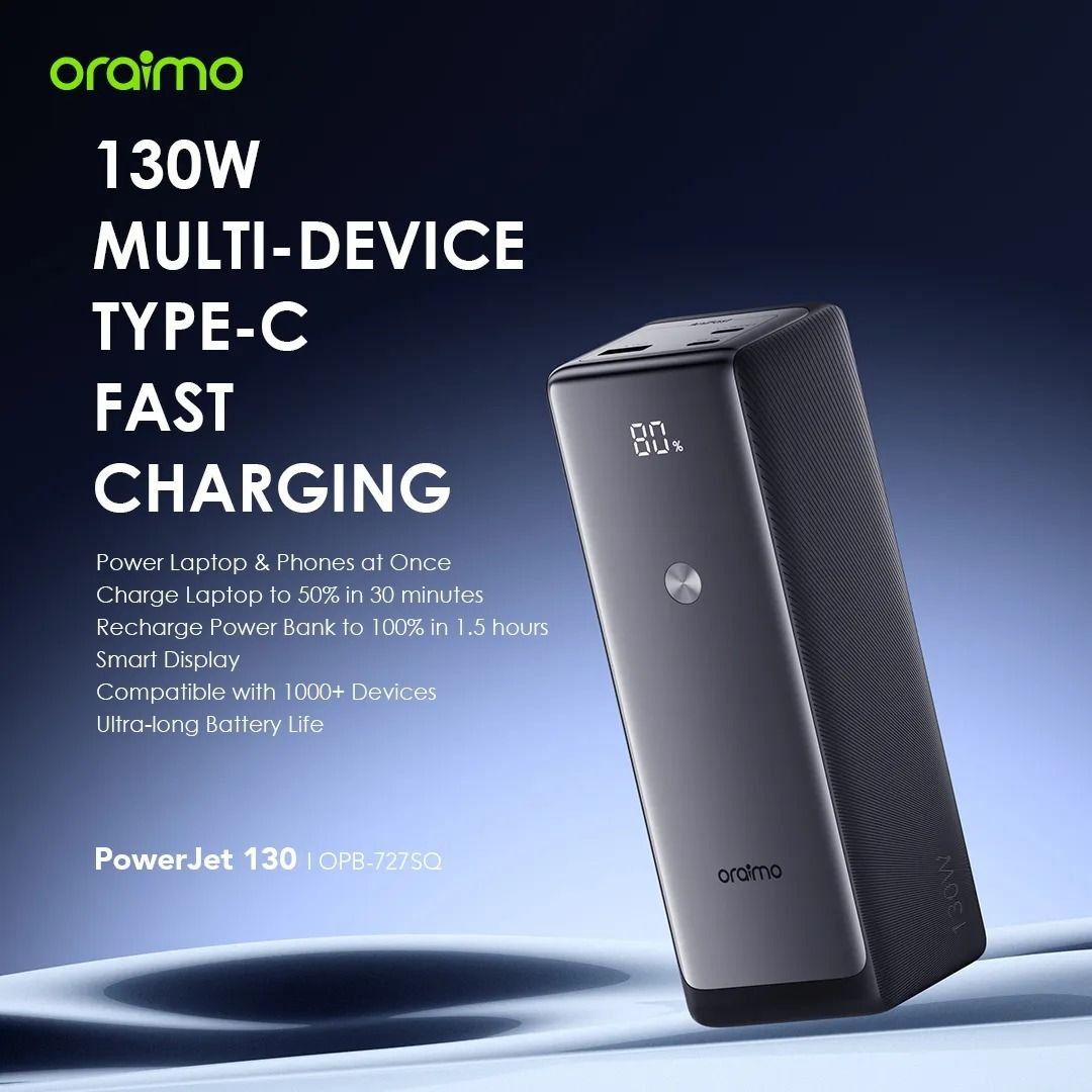 Oraimo Super Fast PowerJet OPB-727SQ 130W 27,600mAh power bank for laptops and phones