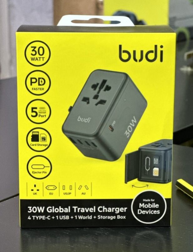 30W 5-Port USB PD Charger USB-A+4USB-C PD Fast Charging Wall Charger Adapter EU/US/UK/AU Switchable Plug with Card Holder Storage Slot Multifunctional Travelling Charger Adapter