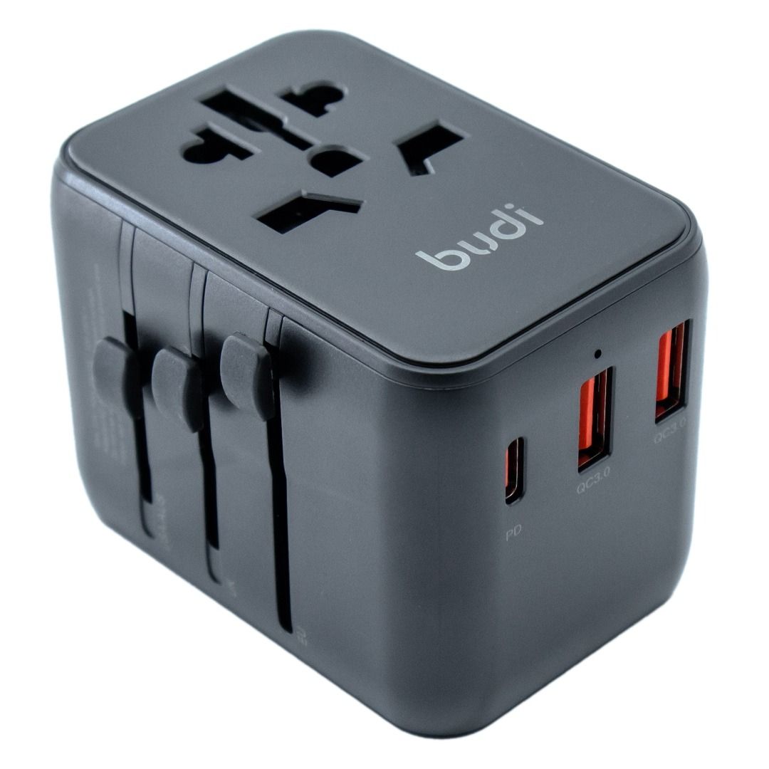 30W 5-Port USB PD Charger USB-A+4USB-C PD Fast Charging Wall Charger Adapter EU/US/UK/AU Switchable Plug with Card Holder Storage Slot Multifunctional Travelling Charger Adapter