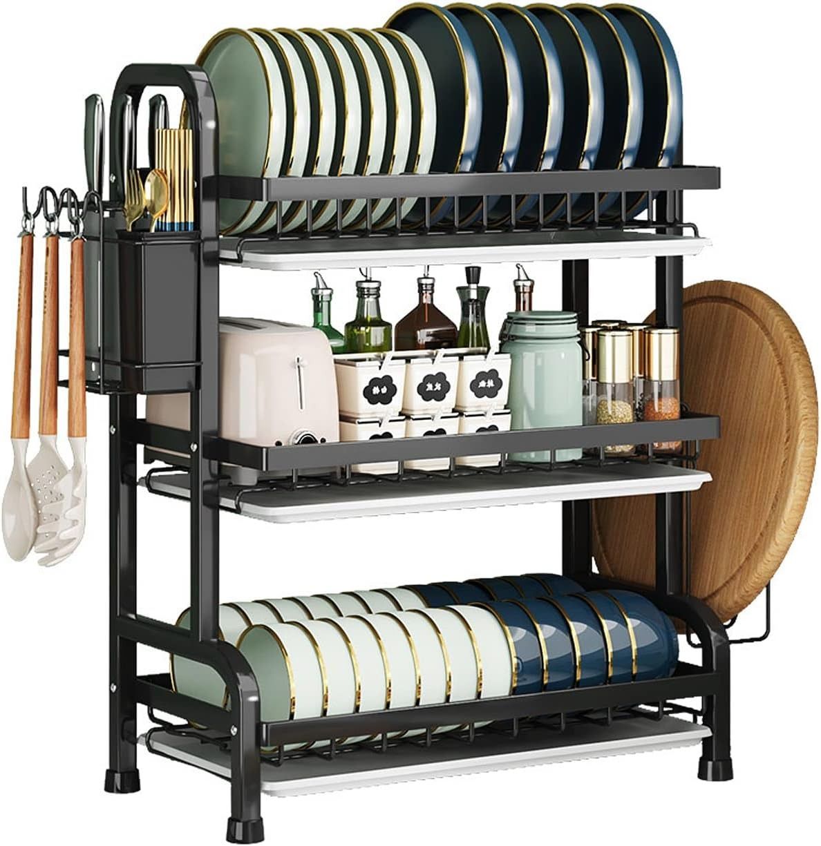 Dish Drying Rack, 3-Tier Large Capacity Kitchen Dish Rack Drainboard Set,Carbon Steel Dish Drainer Rack with Drip Tray & Utensil Holder, Cutting Board Holder and Dish Drainer for Kitchen (Black)