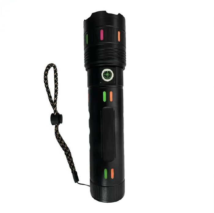 Super Bright Zoomable Long Range Rechargeable Led White Laser Multifunctional Flashlight For Outdoor & Home Use, With Power Indicator Light And Phone Charging Function