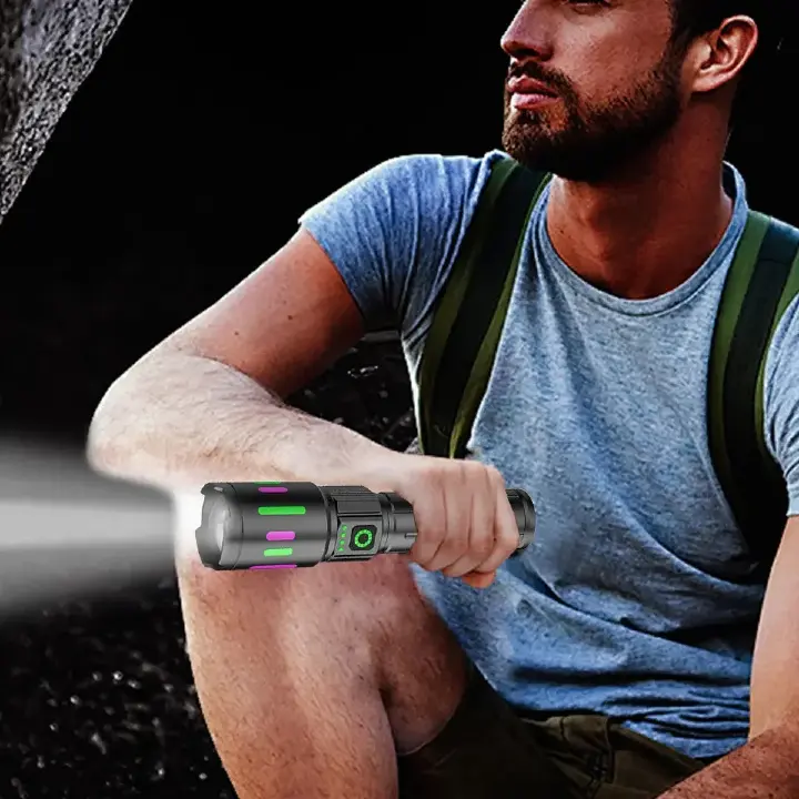 Super Bright Zoomable Long Range Rechargeable Led White Laser Multifunctional Flashlight For Outdoor & Home Use, With Power Indicator Light And Phone Charging Function