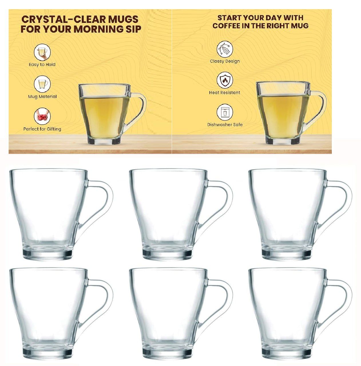 Luminarc Mahak Coffee Mug & Tea Cup Set – Set of 6 (255ml Each) – Elegant Clear Coffee Mugs and Tea Cups with Handle – Durable Glass Coffee Cups for Tea, Green Tea, Hot & Cold Drinks