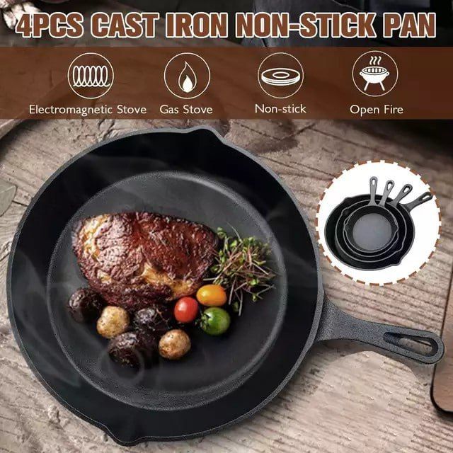 4 PC Set  Heavy & Premium Cast Iron Frying Pan Cooking skillet Egg Steak Fry Pan