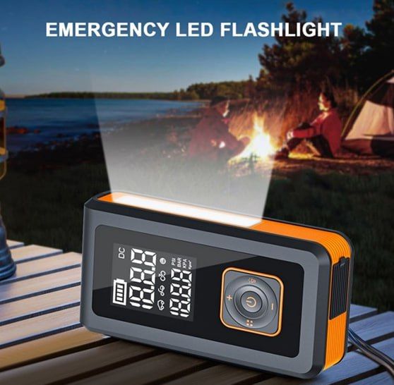 7-in-1 multi-function car jump starter with Powerbank, flashlight, compressor, pressure gauge and quick start function. Ideal for car emergencies and camping. Portable, powerful