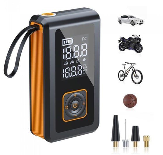 7-in-1 multi-function car jump starter with Powerbank, flashlight, compressor, pressure gauge and quick start function. Ideal for car emergencies and camping. Portable, powerful