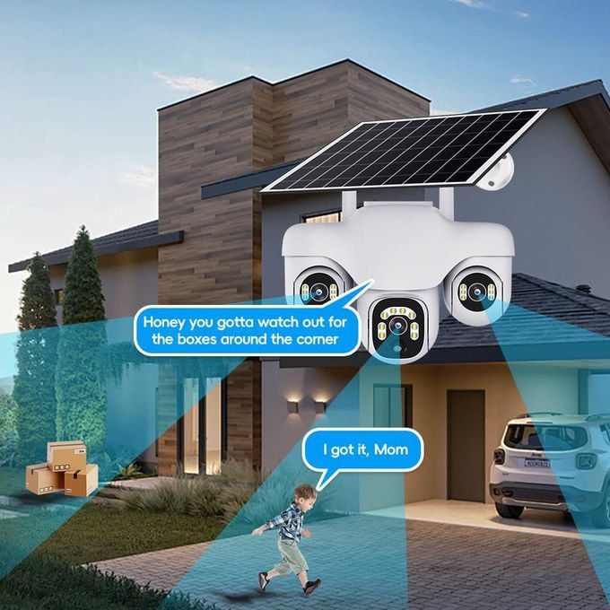 Intelligence Three rotating lenses Triple Lens 4G solar-powered security camera GSM 4G CCTV Camera, Outdoor Security, Motion Tracking, Night Vision, Two-Way Audio Mobile App