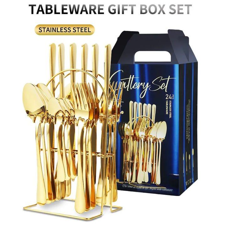 Cutlery Set with Cutlery Stand, Stainless Steel Flatware, 24 Piece Set for Home Kitchen Restaurant Hotel Dinner (Color : Gold)