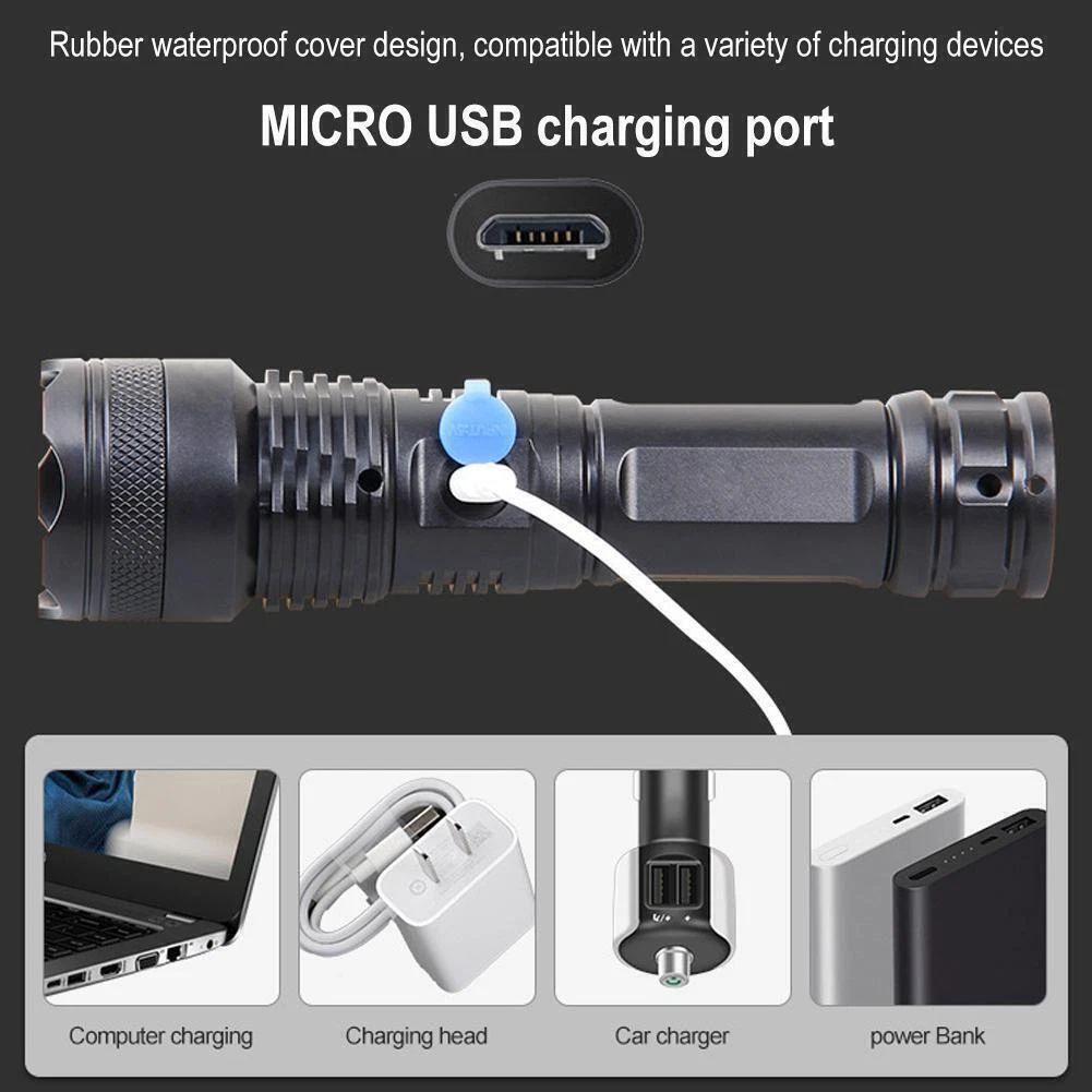 Super Bright USB Rechargeable LED Torch Flashlight Outdoor Flashlight Portable Built-in Battery Power Torch lamp Camping Lantern