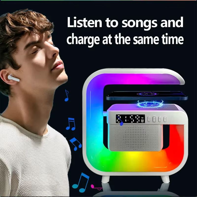 RGB Light Wireless Charger Stand Pad Multi Bluetooth 5.3 Speaker FM Alarm Clorck For Fast Charging Station Bluetooth Speaker for Smartphone