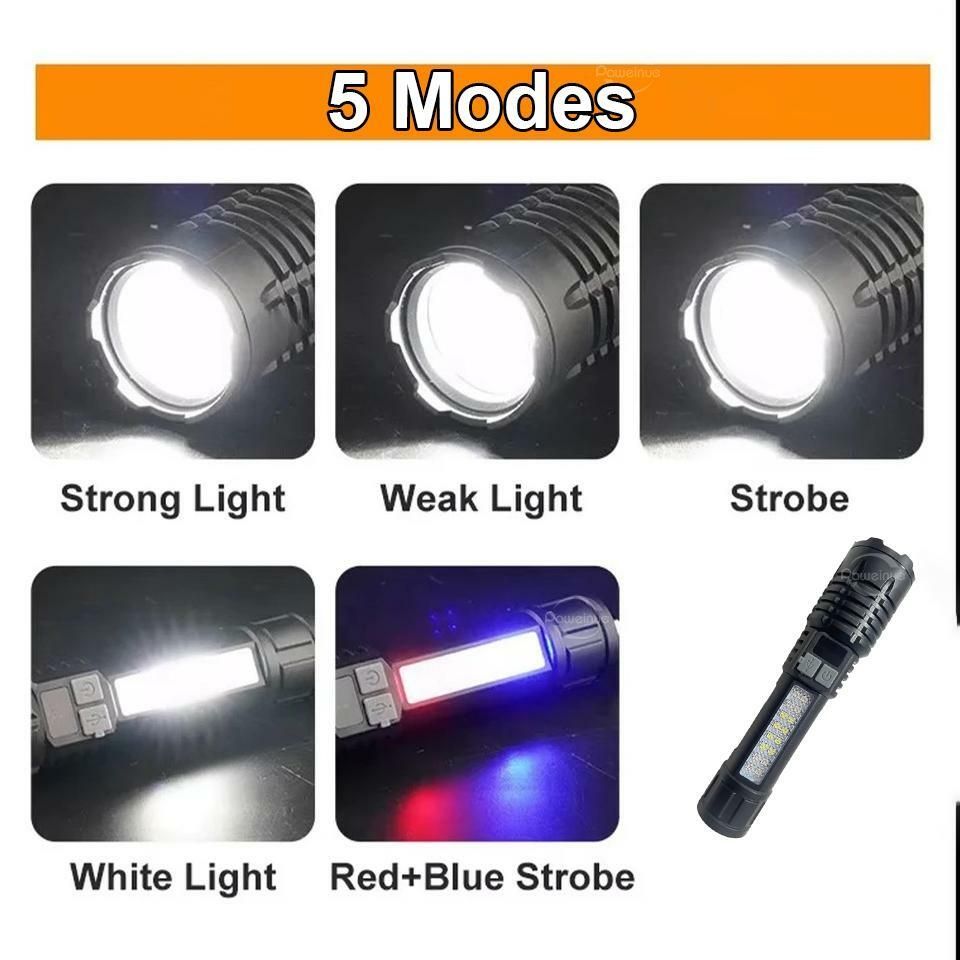New Rechargeable LED Flashlight Portable Waterproof Emergency Torch Telescopic Zoom Camping Adventure Lamp Carry Working Light
