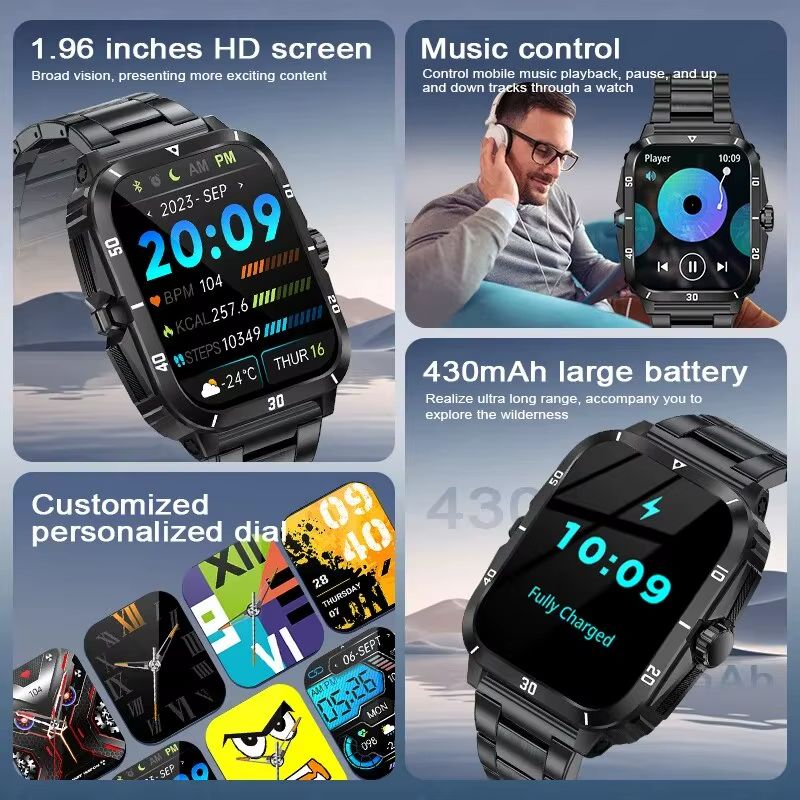 Sport Smart Watch For Men 1.96 Screen Blood Oxygen Bluetooth Call Watch 100+Sport Waterproof Smartwatch Men Watches