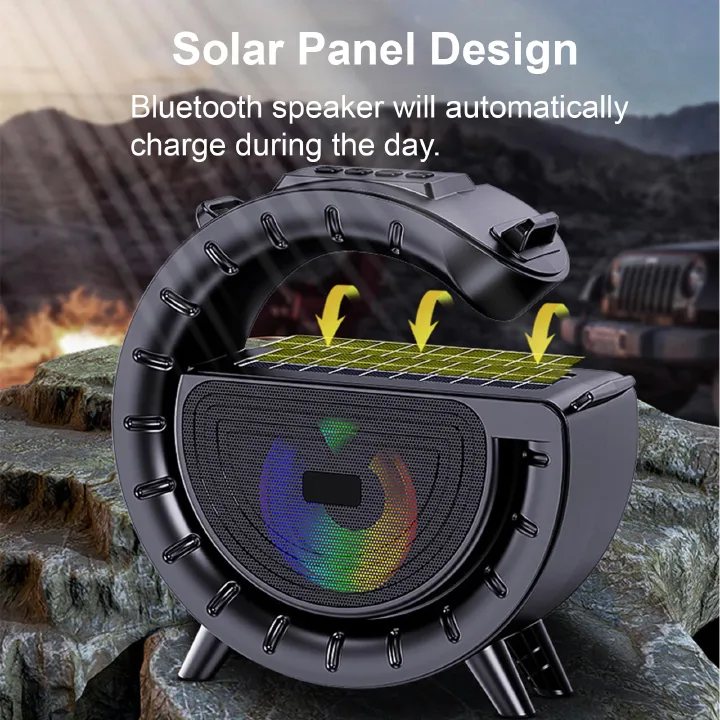 Solar Bluetooth Speaker, G-Shape Portable Radio Speaker Support/FM Radio/TF Card, 1200mAh Battery Powered Wireless Speakers with LED Lights for Outdoor Indoor Party, Flashlight,amping, Hiking, Cycling