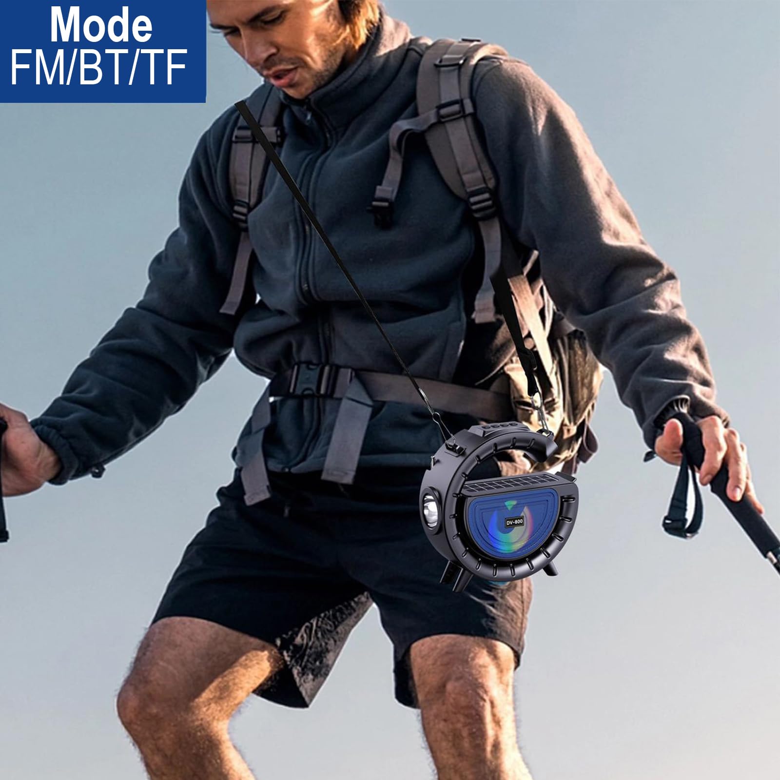 Solar Bluetooth Speaker, G-Shape Portable Radio Speaker Support/FM Radio/TF Card, 1200mAh Battery Powered Wireless Speakers with LED Lights for Outdoor Indoor Party, Flashlight,amping, Hiking, Cycling