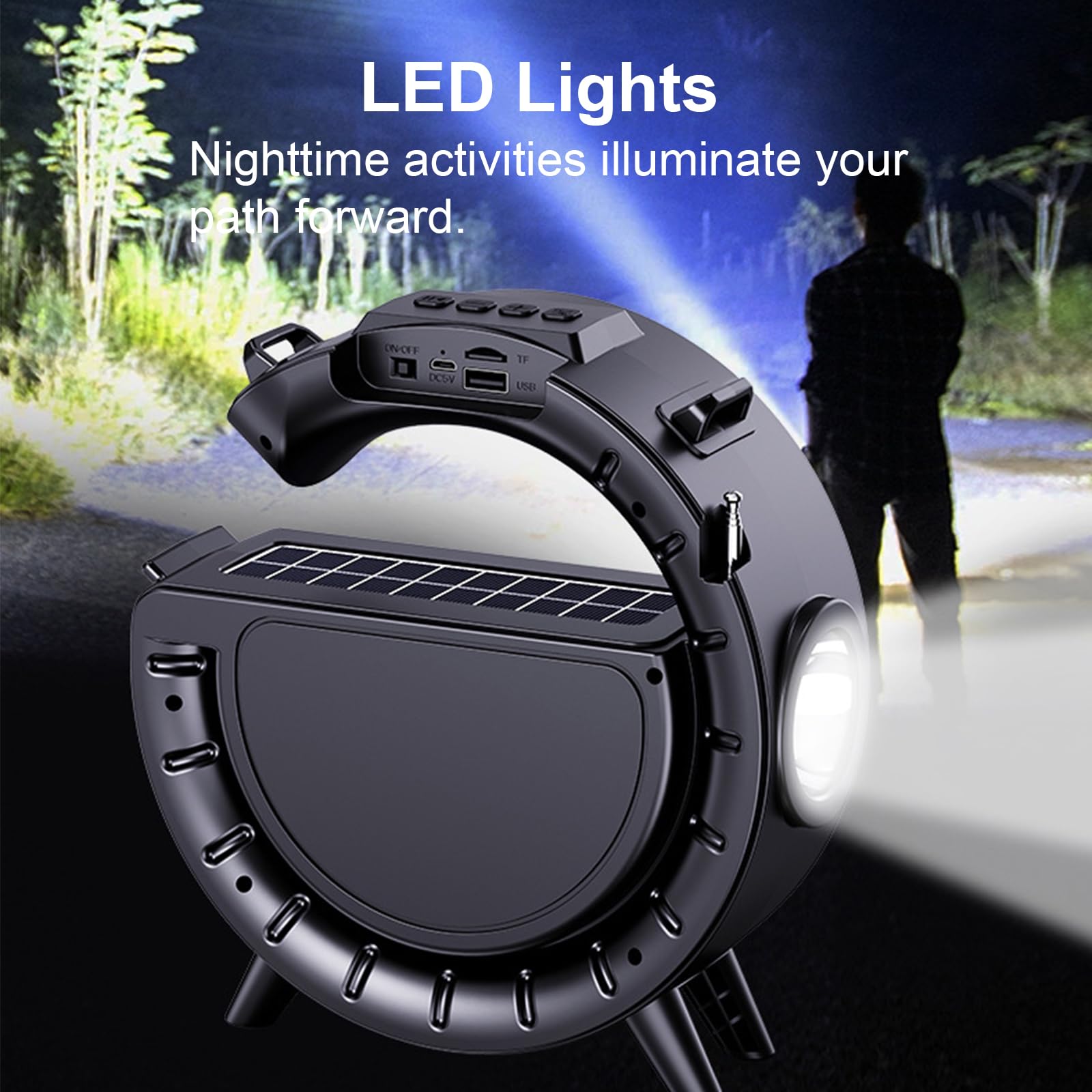 Solar Bluetooth Speaker, G-Shape Portable Radio Speaker Support/FM Radio/TF Card, 1200mAh Battery Powered Wireless Speakers with LED Lights for Outdoor Indoor Party, Flashlight,amping, Hiking, Cycling