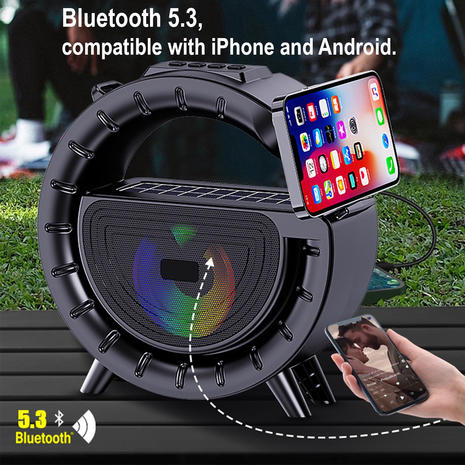 Solar Bluetooth Speaker, G-Shape Portable Radio Speaker Support/FM Radio/TF Card, 1200mAh Battery Powered Wireless Speakers with LED Lights for Outdoor Indoor Party, Flashlight,amping, Hiking, Cycling