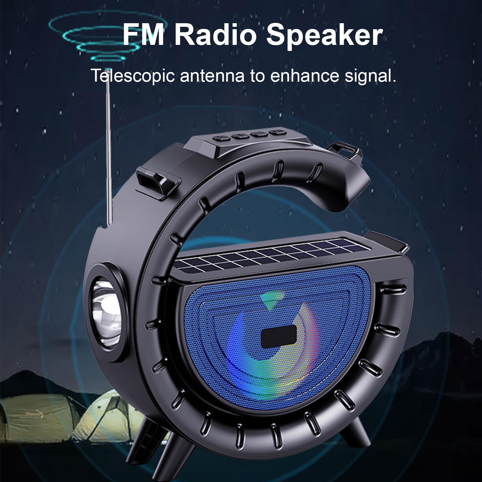 Solar Bluetooth Speaker, G-Shape Portable Radio Speaker Support/FM Radio/TF Card, 1200mAh Battery Powered Wireless Speakers with LED Lights for Outdoor Indoor Party, Flashlight,amping, Hiking, Cycling