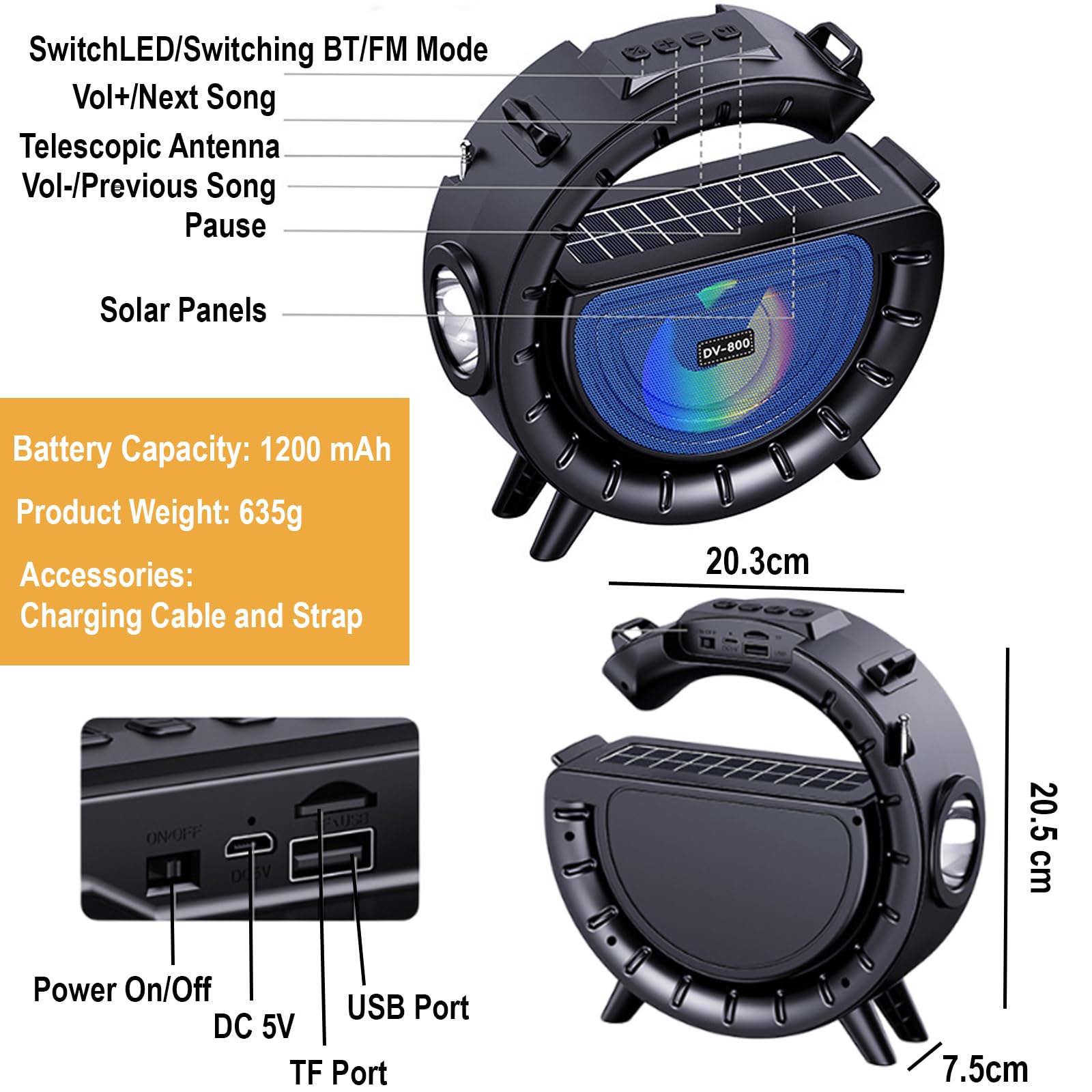 Solar Bluetooth Speaker, G-Shape Portable Radio Speaker Support/FM Radio/TF Card, 1200mAh Battery Powered Wireless Speakers with LED Lights for Outdoor Indoor Party, Flashlight,amping, Hiking, Cycling