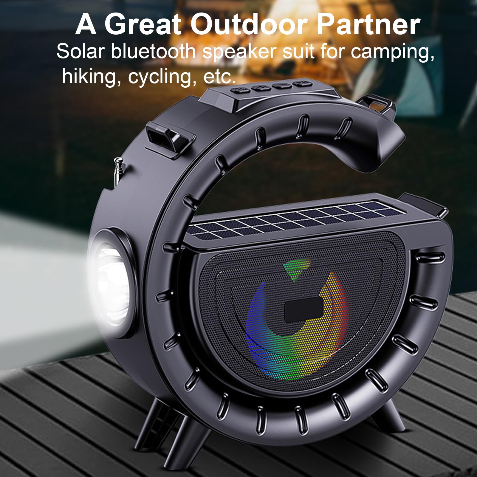 Solar Bluetooth Speaker, G-Shape Portable Radio Speaker Support/FM Radio/TF Card, 1200mAh Battery Powered Wireless Speakers with LED Lights for Outdoor Indoor Party, Flashlight,amping, Hiking, Cycling