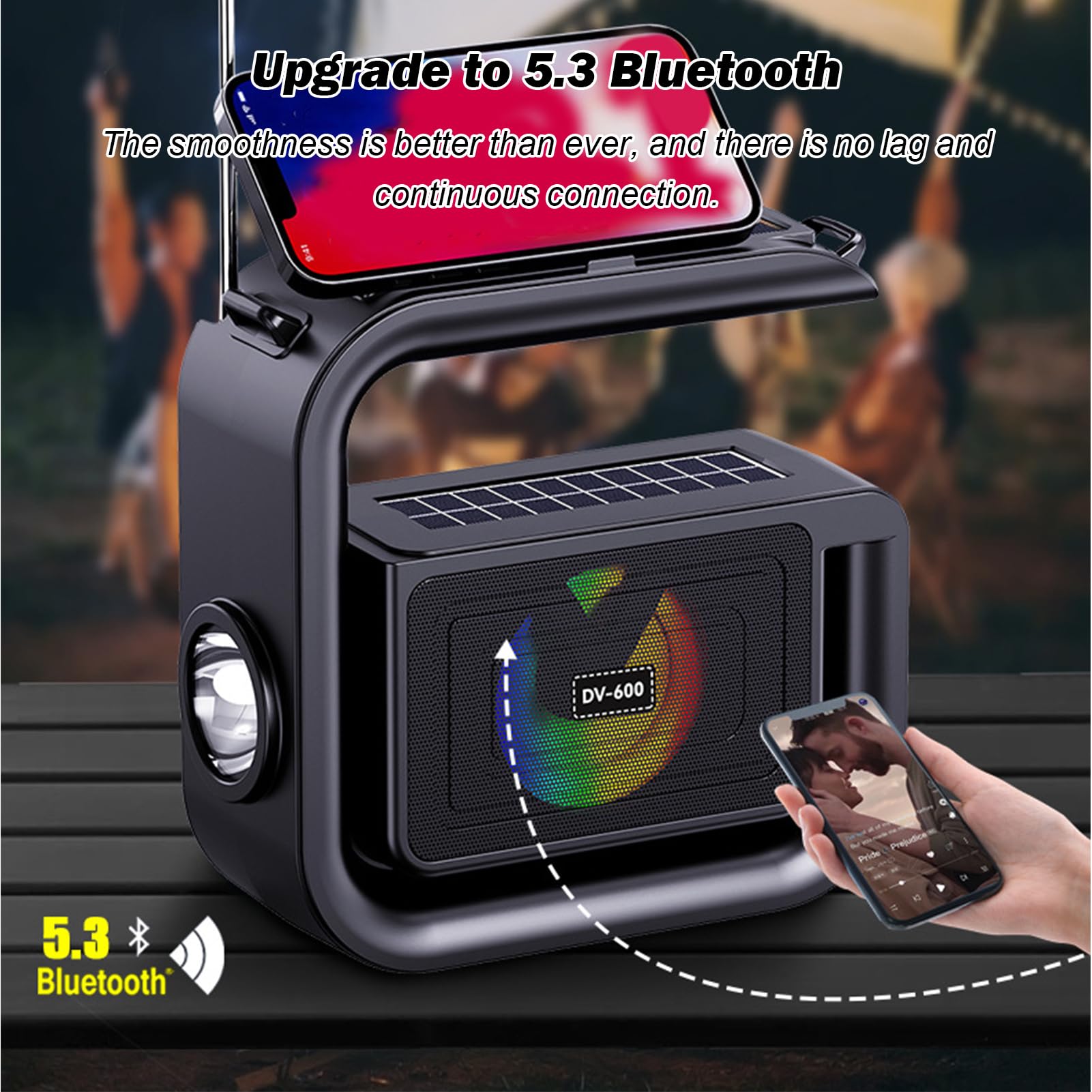 Solar Bluetooth Speaker - 5.3 Wireless Solar Charging Strong Flashlight Outdoor Speaker | HiFi Quality Sound Built-in Big G-Shaped Handle Outdoor Speaker, for Camping, Pool