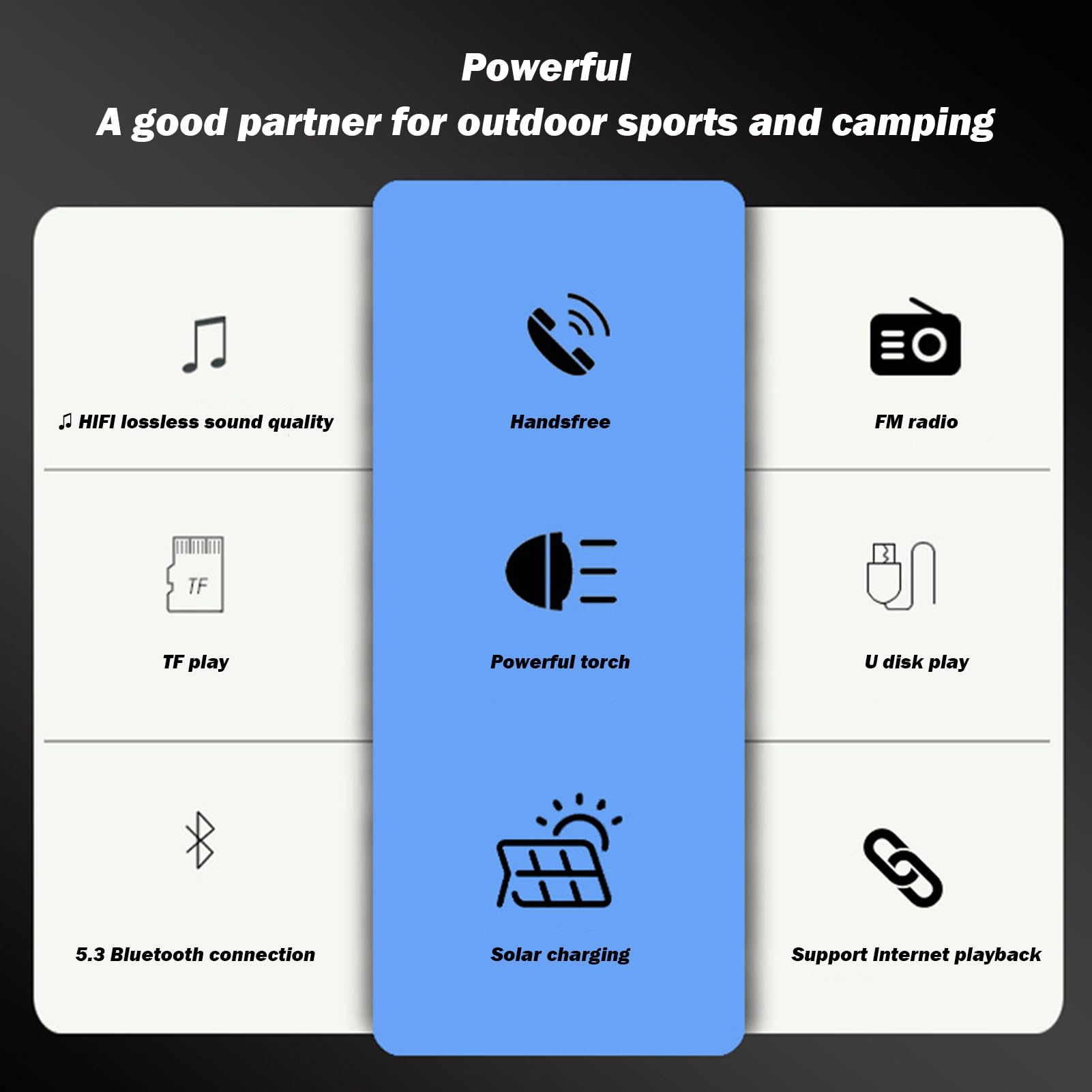 Solar Bluetooth Speaker - 5.3 Wireless Solar Charging Strong Flashlight Outdoor Speaker | HiFi Quality Sound Built-in Big G-Shaped Handle Outdoor Speaker, for Camping, Pool