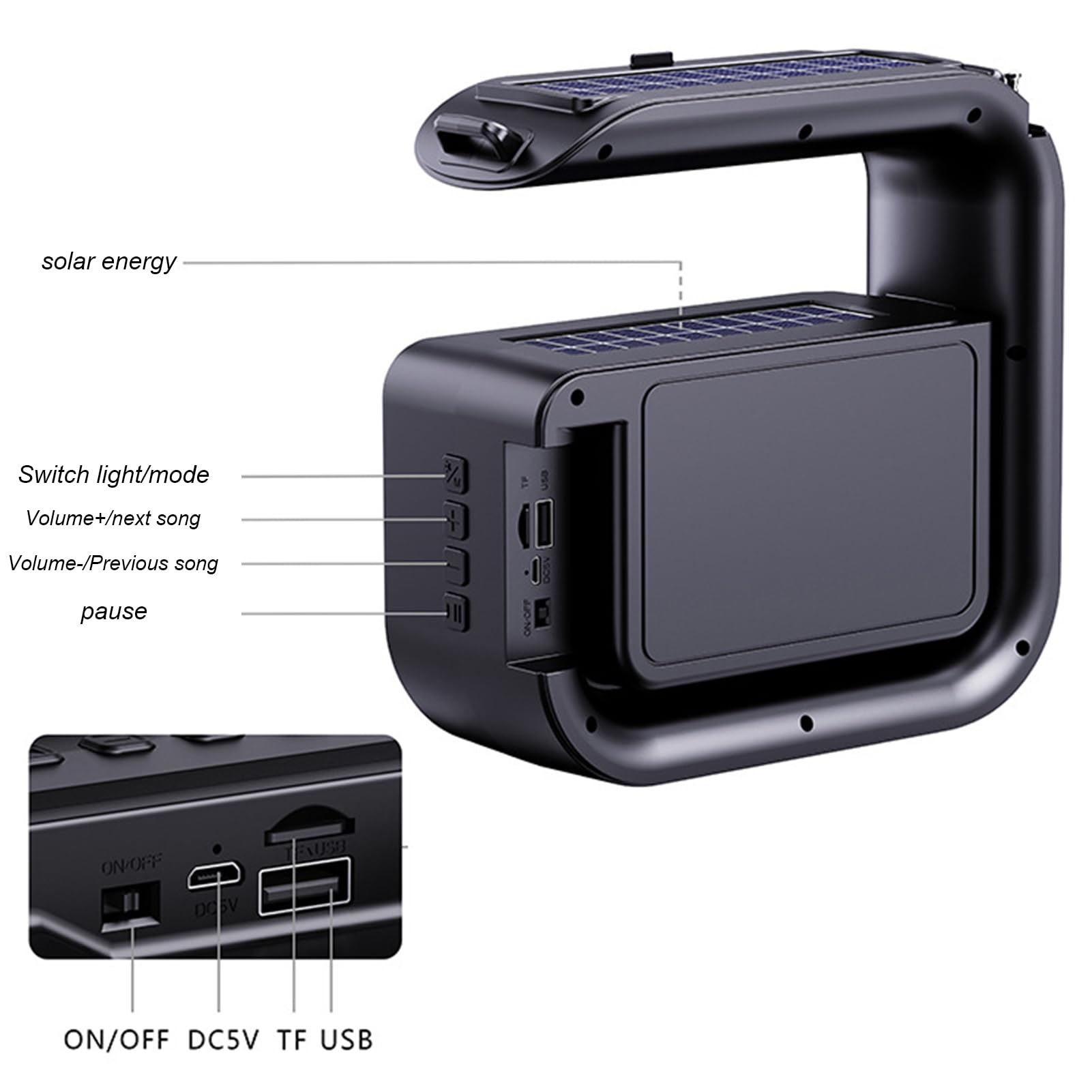 Solar Bluetooth Speaker - 5.3 Wireless Solar Charging Strong Flashlight Outdoor Speaker | HiFi Quality Sound Built-in Big G-Shaped Handle Outdoor Speaker, for Camping, Pool