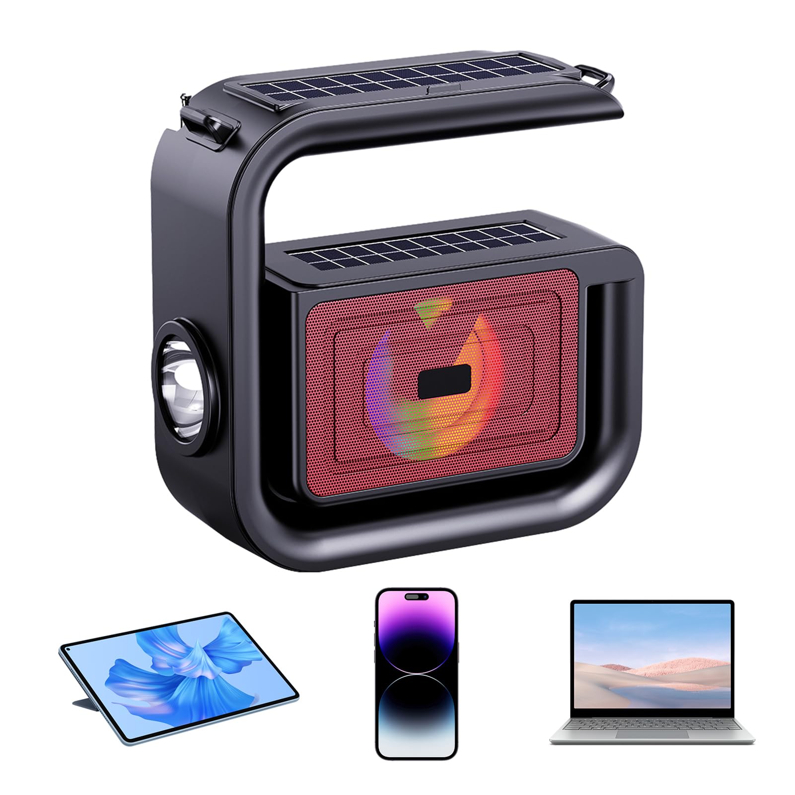 Solar Bluetooth Speaker - 5.3 Wireless Solar Charging Strong Flashlight Outdoor Speaker | HiFi Quality Sound Built-in Big G-Shaped Handle Outdoor Speaker, for Camping, Pool