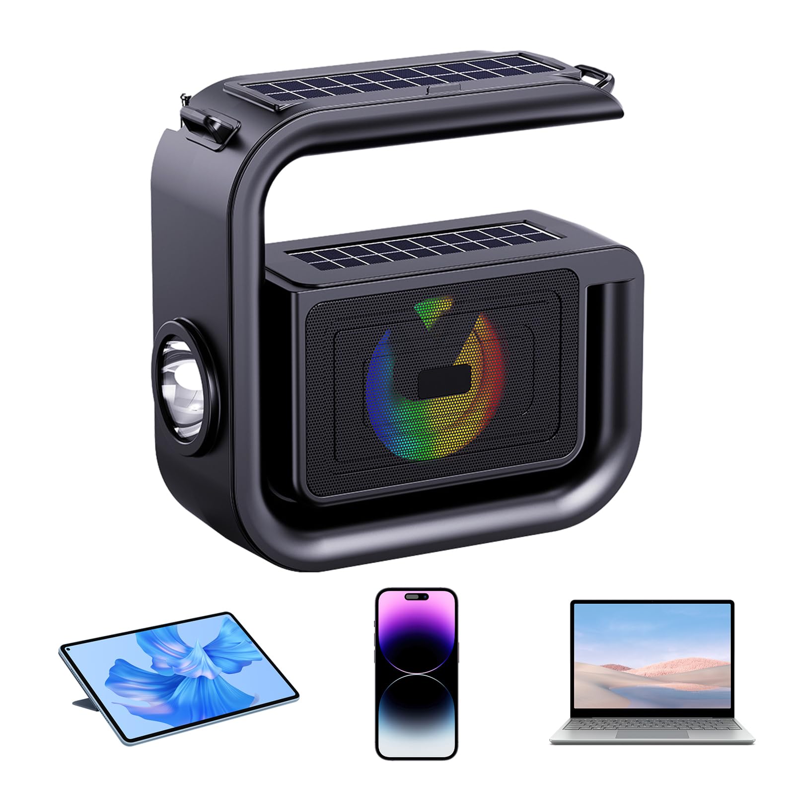 Solar Bluetooth Speaker - 5.3 Wireless Solar Charging Strong Flashlight Outdoor Speaker | HiFi Quality Sound Built-in Big G-Shaped Handle Outdoor Speaker, for Camping, Pool