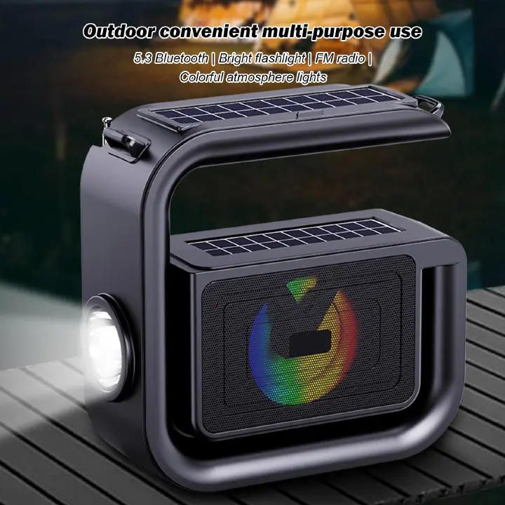 Solar Bluetooth Speaker - 5.3 Wireless Solar Charging Strong Flashlight Outdoor Speaker | HiFi Quality Sound Built-in Big G-Shaped Handle Outdoor Speaker, for Camping, Pool