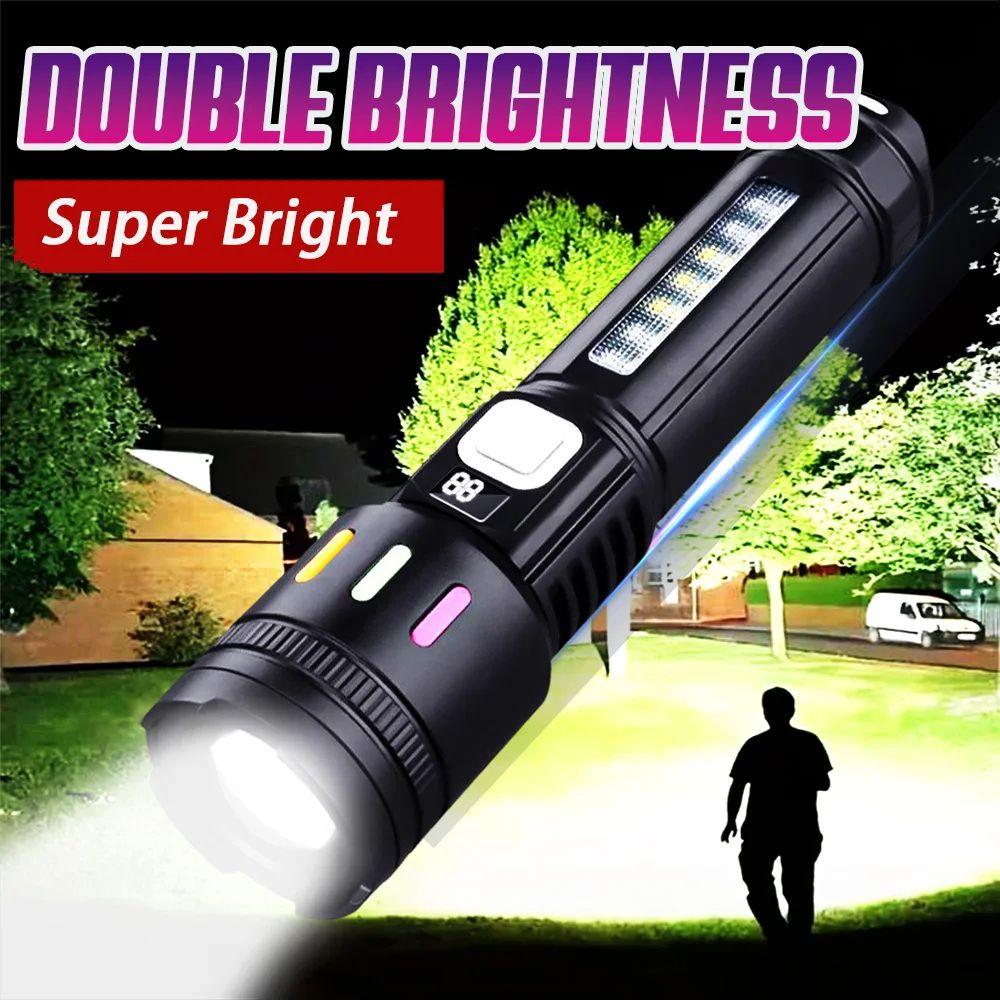 High Power Long-range Lantern Super Bright LED Flashlight USB Charging Zoomable Flashlight Power Display Super Bright Flashlight 5 Gears for Camping Hiking