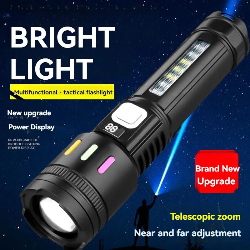 High Power Long-range Lantern Super Bright LED Flashlight USB Charging Zoomable Flashlight Power Display Super Bright Flashlight 5 Gears for Camping Hiking